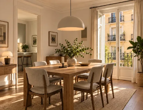 Comedor residencial con mesa de madera y luz natural