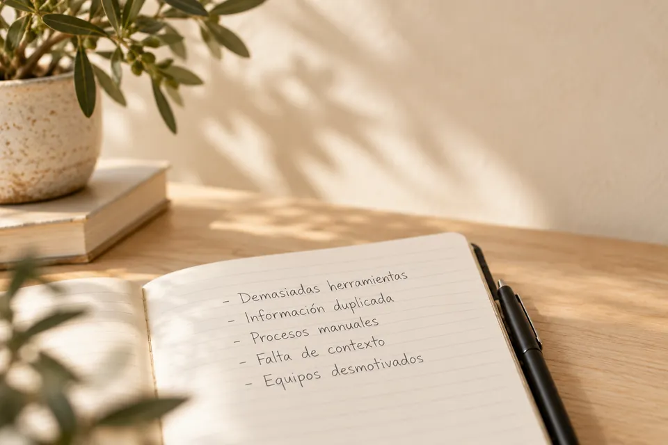Libreta de trabajo con notas sobre herramientas, información duplicada y falta de contexto