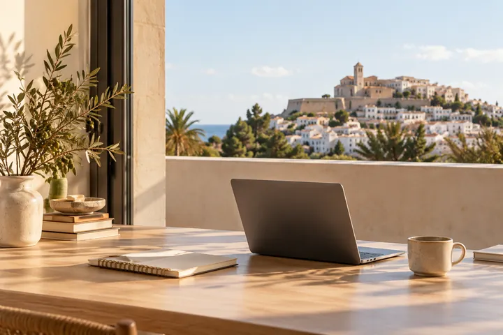 Mesa de trabajo junto a una ventana con vistas a Dalt Vila, Ibiza